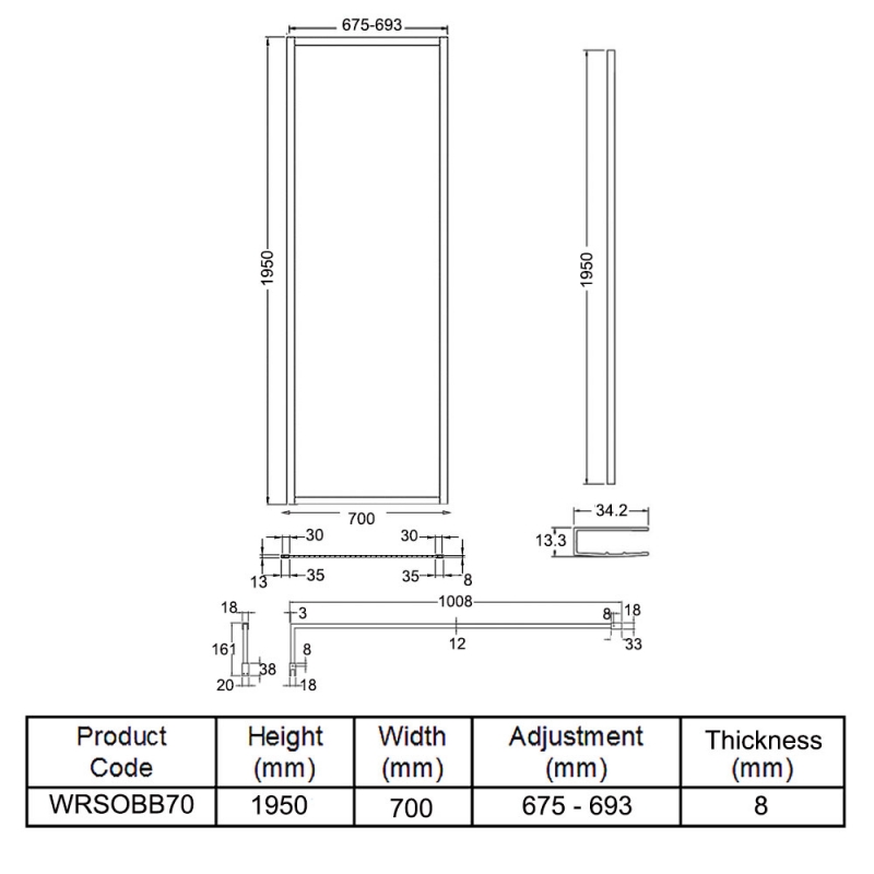 Hudson Reed Outer Framed Brushed Brass Wetroom Screen with Support Bar 700mm W x 1950mm H - 8mm Glass