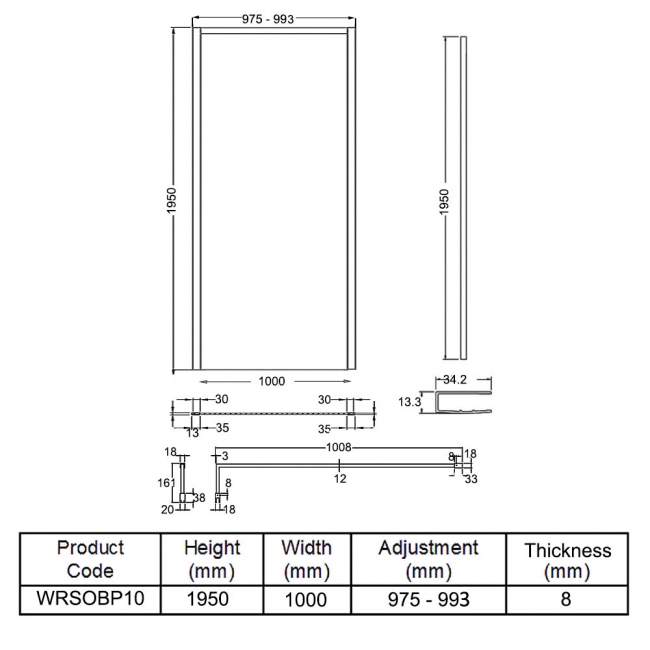 Hudson Reed Outer Framed Matt Black Wetroom Screen with Support Bar 1000mm W x 1950mm H - 8mm Glass