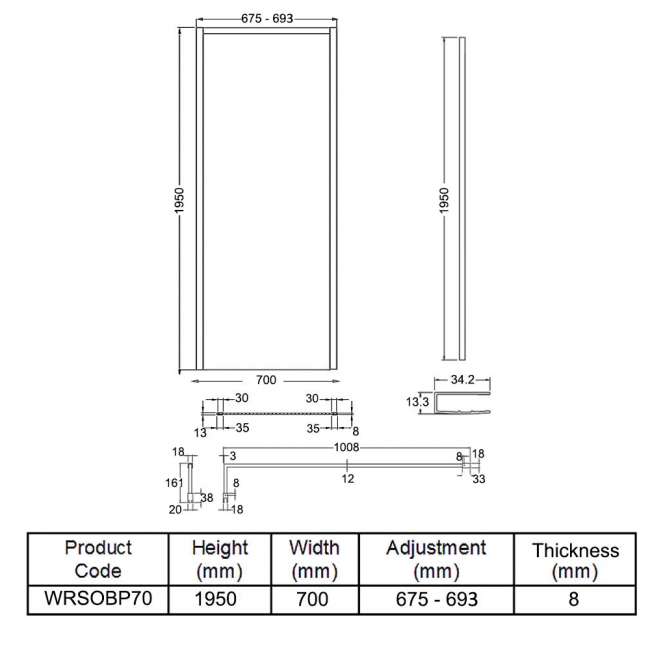 Hudson Reed Outer Framed Matt Black Wetroom Screen with Support Bar 700mm W x 1950mm H - 8mm Glass