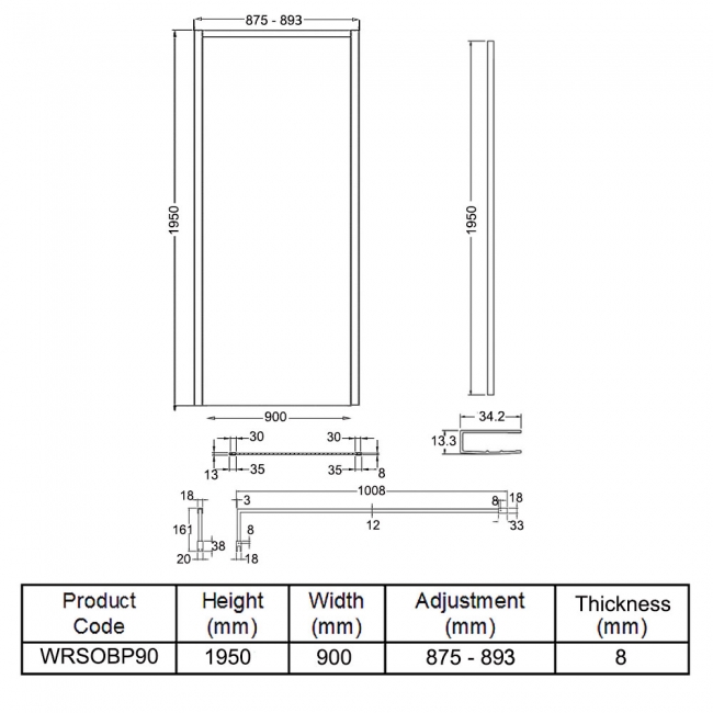 Hudson Reed Outer Framed Matt Black Wetroom Screen with Support Bar 900mm W x 1950mm H - 8mm Glass
