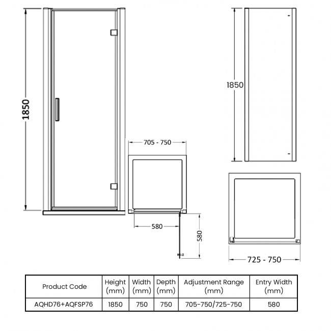 Hudson Reed Pacific Hinged Door Square Shower Enclosure 760mm x 760mm - 6mm Glass