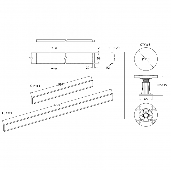 Hudson Reed/Nuie Shower Tray Riser Kit (105mm High) for 1100-1200mm Rectangular Trays - White