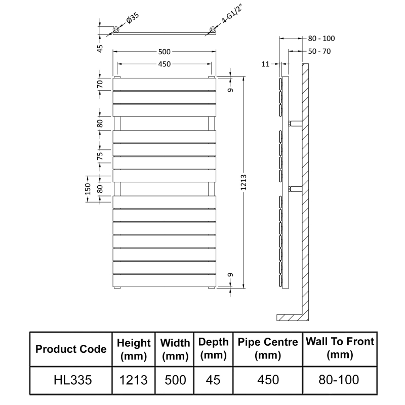 Hudson Reed Flat Panel Designer Heated Towel Rail 1213mm H x 500mm W - Chrome
