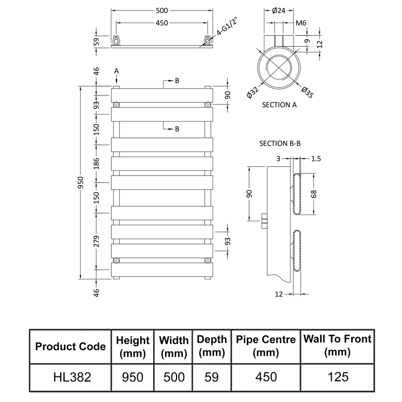 Nuie Piazza Flat Panel Heated Towel Rail 950mm H x 500mm W - Chrome
