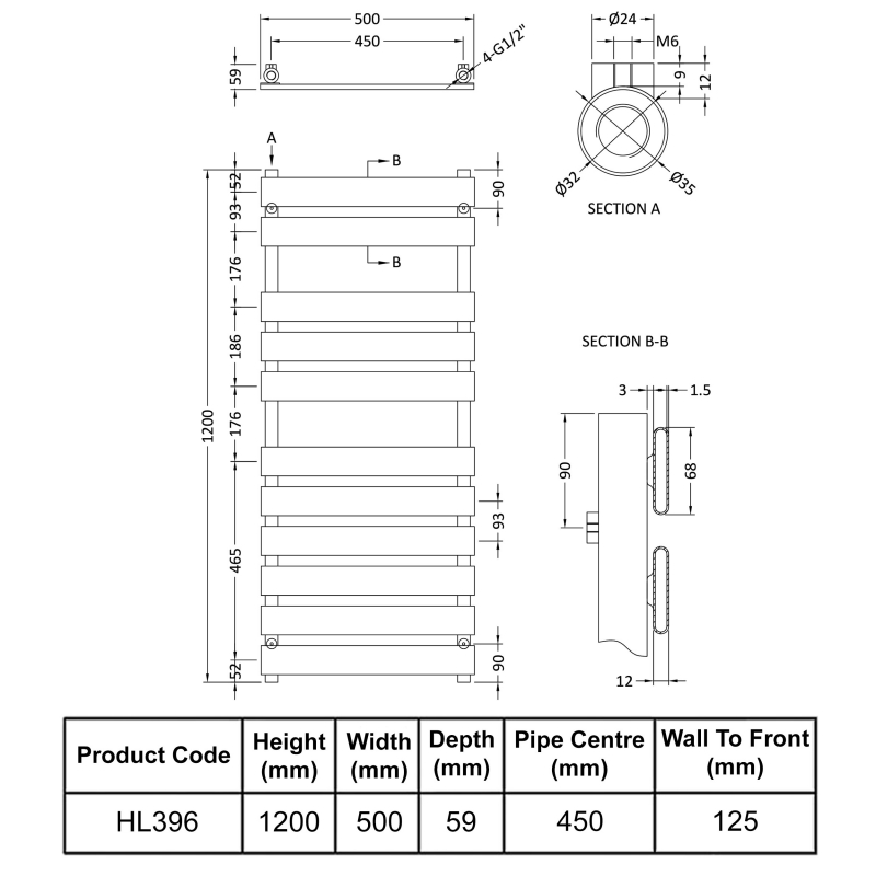 Nuie Piazza Flat Panel Heated Towel Rail 1200mm H x 500mm W - Chrome