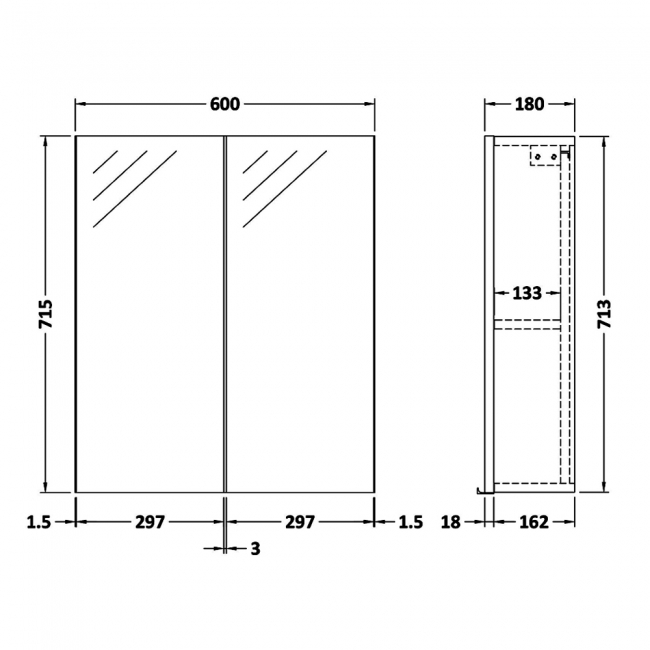 Hudson Reed Fusion Mirrored Bathroom Cabinet (50/50) 600mm Wide - Gloss Grey