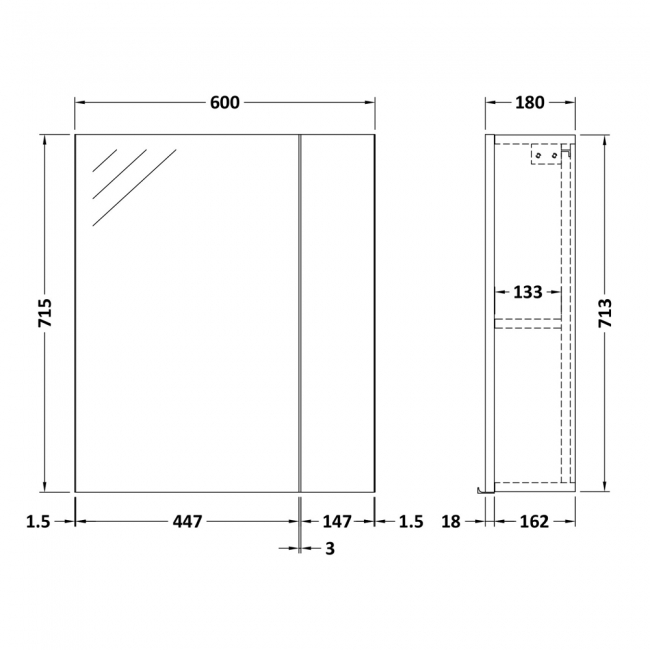 Hudson Reed Fusion Mirrored Bathroom Cabinet (75/25) 600mm Wide - Gloss Grey