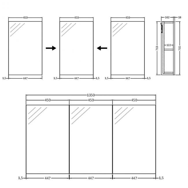 Hudson Reed Quartet 3 Door Mirrored Cabinet 1350mm Wide - Gloss Grey