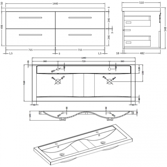 Hudson Reed Quartet Double Vanity Unit with Basin 1440mm Wide Wall Mounted - Charcoal Black Woodgrain