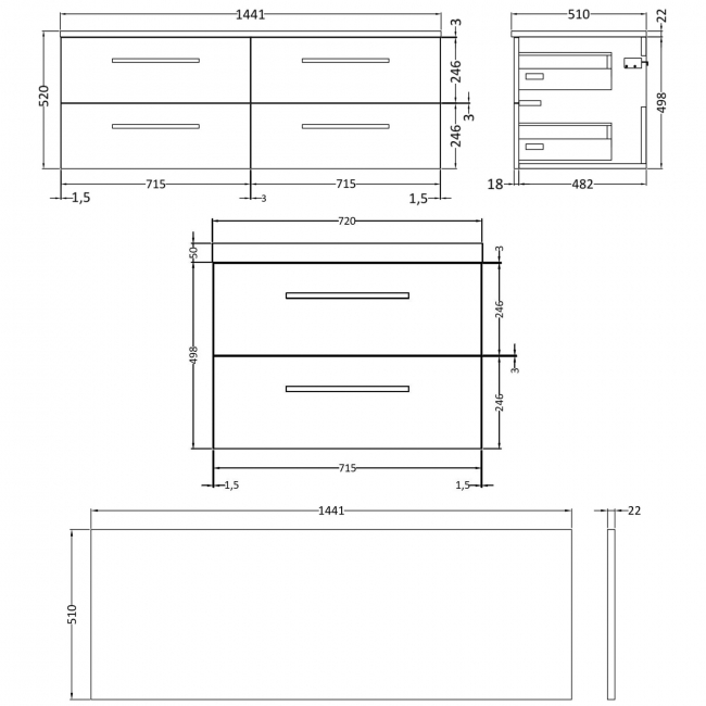 Hudson Reed Quartet Wall Hung 4-Drawer Double Vanity Unit with Sparkling White Worktop 1440mm Wide - Gloss Grey