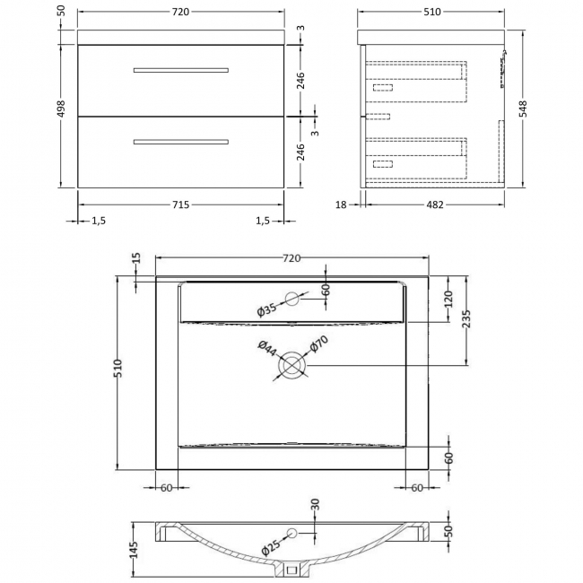 Hudson Reed Quartet Vanity Unit with Basin 720mm Wide Wall Mounted - Gloss Grey