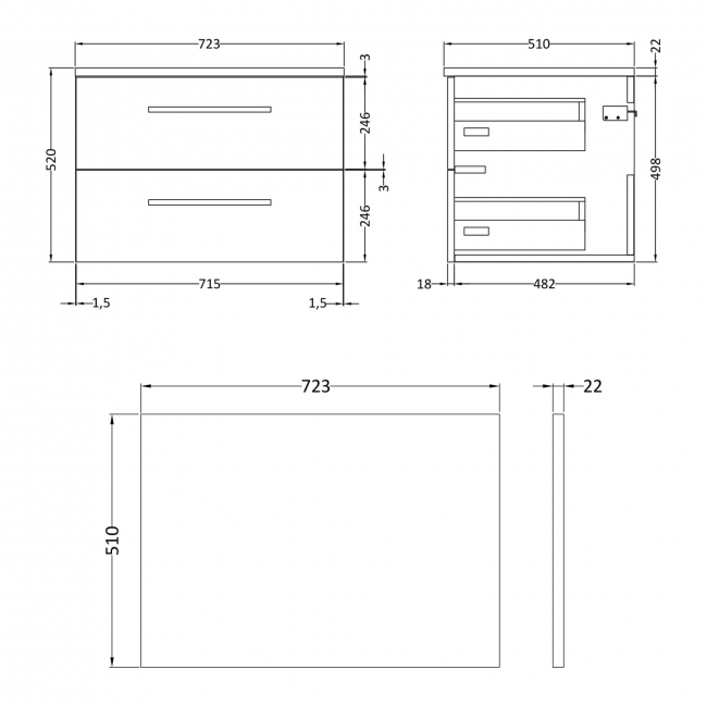 Hudson Reed Quartet Wall Hung 2-Drawer Single Vanity Unit with Sparkling Black Worktop 720mm Wide - Charcoal Black Woodgrain