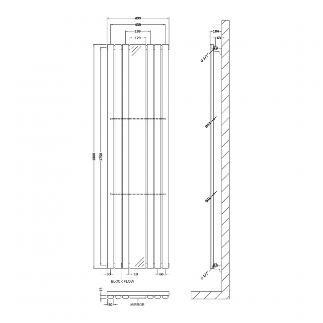 Hudson Reed Revive Single Designer Vertical Radiator Mirror 1800mm H x 499mm W - Anthracite