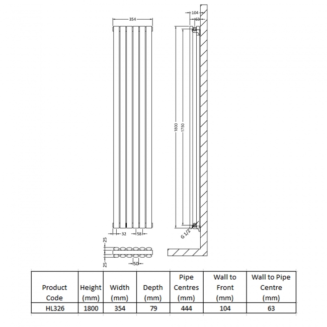 Hudson Reed Revive Double Designer Vertical Radiator 1800mm H x 354mm W - High Gloss White