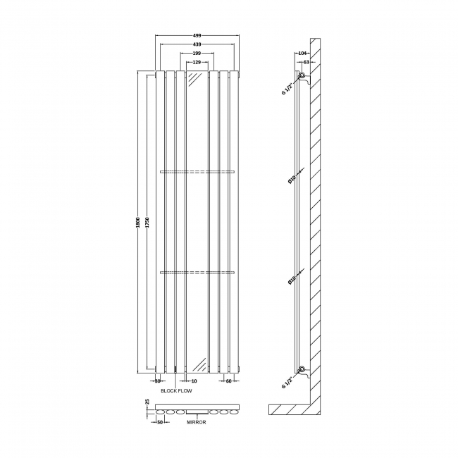 Hudson Reed Revive Single Designer Vertical Radiator Mirror 1800mm H x 499mm W - High Gloss White