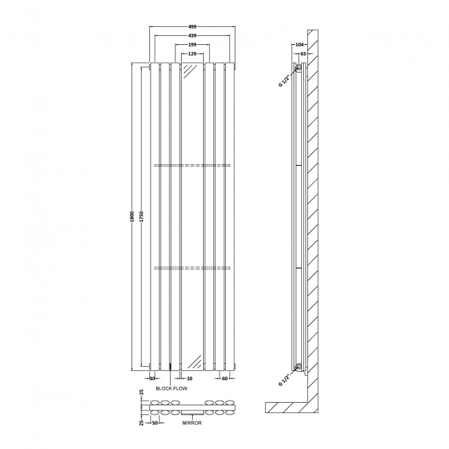Hudson Reed Revive Double Designer Vertical Radiator Mirror 1800mm H x 499mm W - High Gloss White
