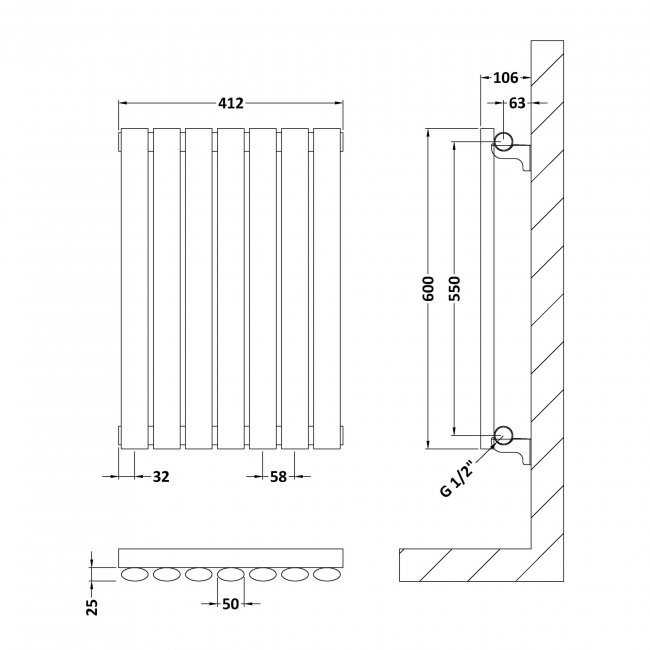 Hudson Reed Revive Single Designer Horizontal Radiator 600mm H x 412mm W - High Gloss White