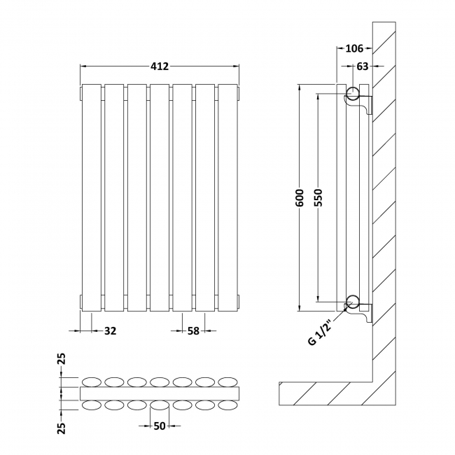 Hudson Reed Revive Double Designer Horizontal Radiator 600mm H x 412mm W - High Gloss White