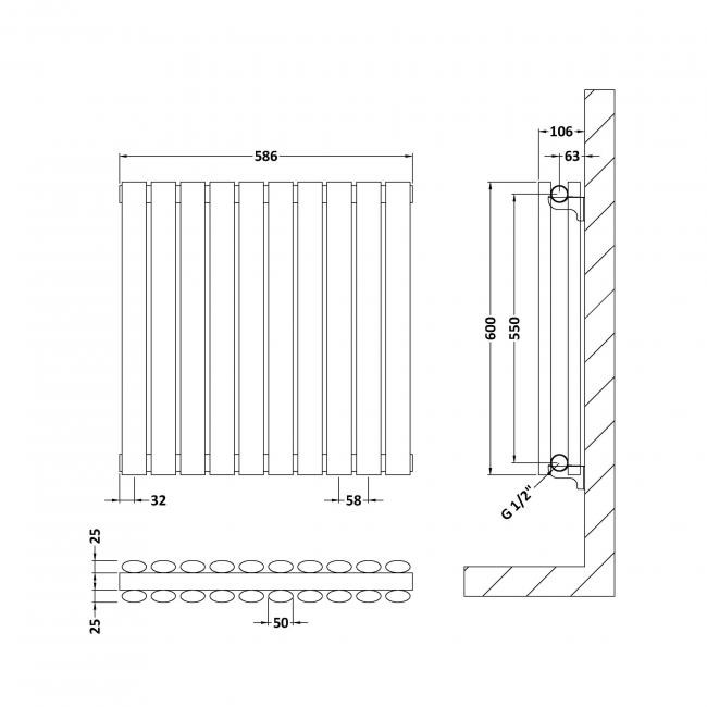 Hudson Reed Revive Double Designer Horizontal Radiator 600mm H x 586mm W - High Gloss White