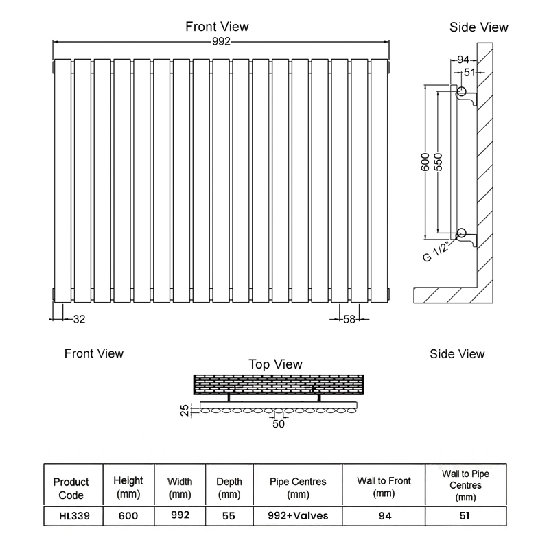 Hudson Reed Revive Designer Radiator | HL339 | 600mm x 992mm | High Gloss  White