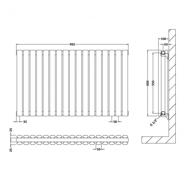 Hudson Reed Revive Double Designer Horizontal Radiator 600mm H x 992mm W - High Gloss White