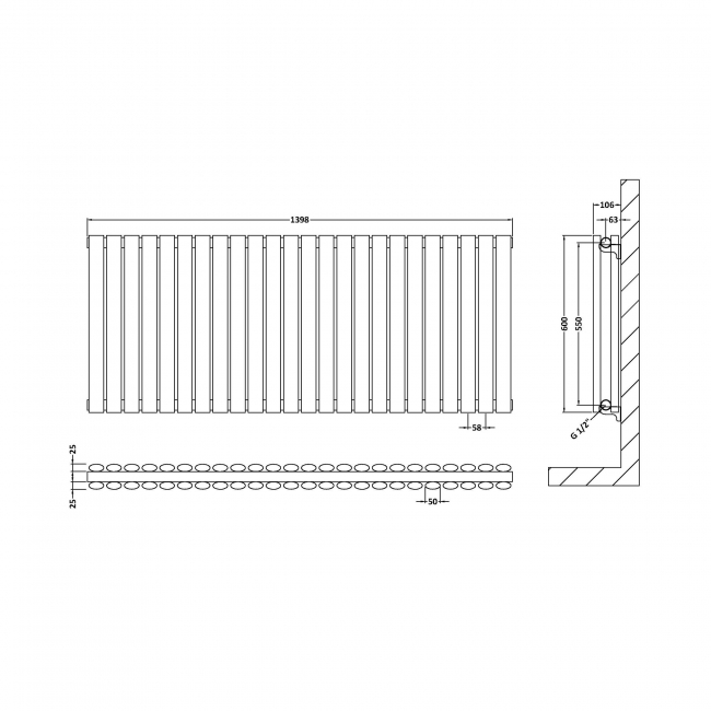 Hudson Reed Revive Double Designer Horizontal Radiator 600mm H x 1398mm W - High Gloss White