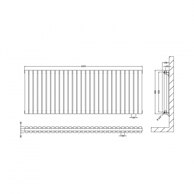 Hudson Reed Revive Double Designer Horizontal Radiator 600mm H x 1572mm W - High Gloss White