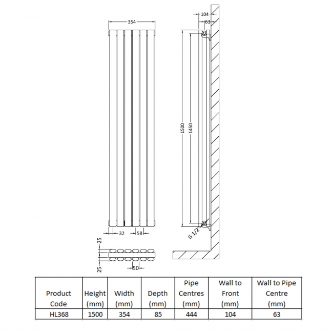 Hudson Reed Revive Double Designer Vertical Radiator 1500mm H x 354mm W - High Gloss White
