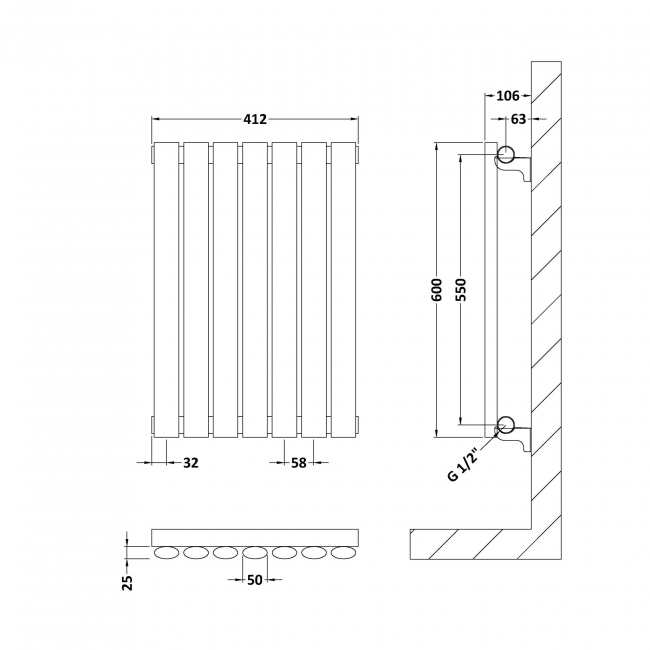Hudson Reed Revive Single Designer Horizontal Radiator 600mm H x 412mm W - Anthracite