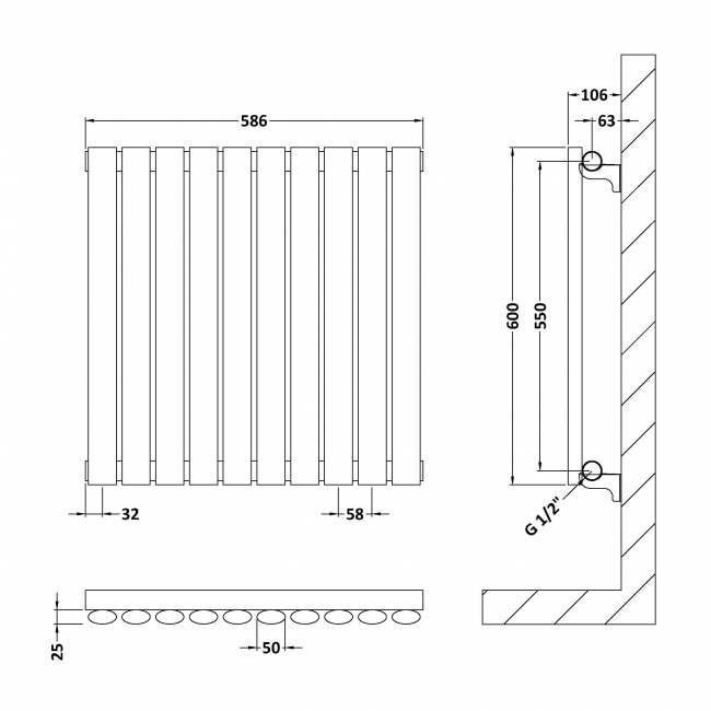 Hudson Reed Revive Single Designer Horizontal Radiator 600mm H x 586mm W - Anthracite