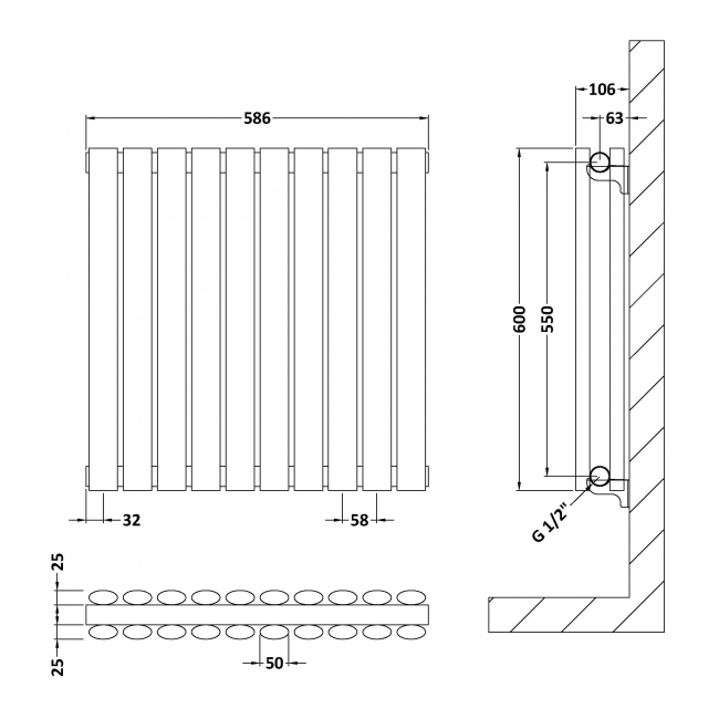 Hudson Reed Revive Double Designer Horizontal Radiator 600mm H x 586mm W - Anthracite