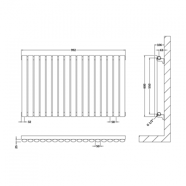 Hudson Reed Revive Single Designer Horizontal Radiator 600mm H x 992mm W - Anthracite