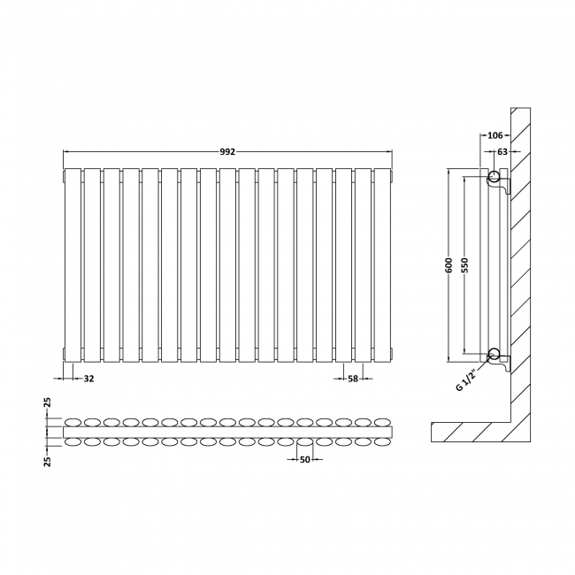 Hudson Reed Revive Double Designer Horizontal Radiator 600mm H x 992mm W - Anthracite