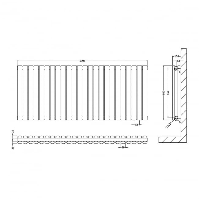 Hudson Reed Revive Double Designer Horizontal Radiator 600mm H x 1398mm W - Anthracite