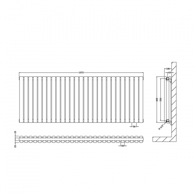 Hudson Reed Revive Double Designer Horizontal Radiator 600mm H x 1572mm W - Anthracite