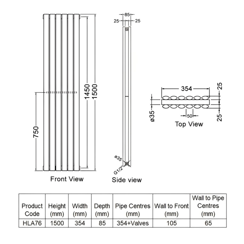 Hudson Reed Revive Designer Radiator | HLA76 | 1500mm x 354mm | Anthracite