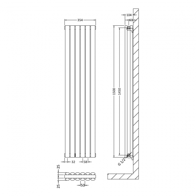 Hudson Reed Revive Double Designer Vertical Radiator 1500mm H x 354mm W - Anthracite