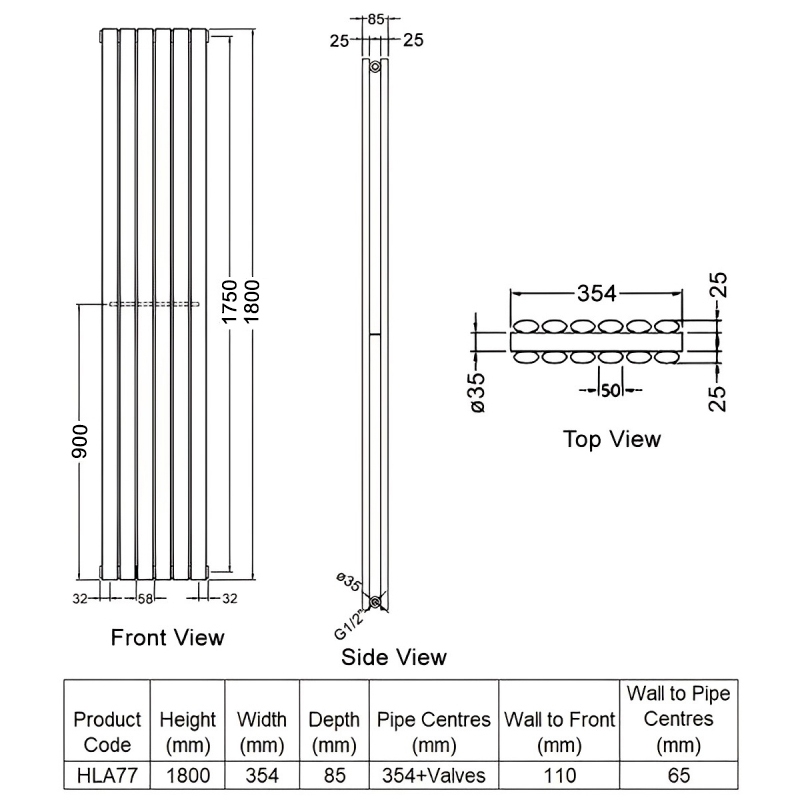 Hudson Reed Revive Designer Radiator | HLA77 | 1800mm x 354mm | Anthracite