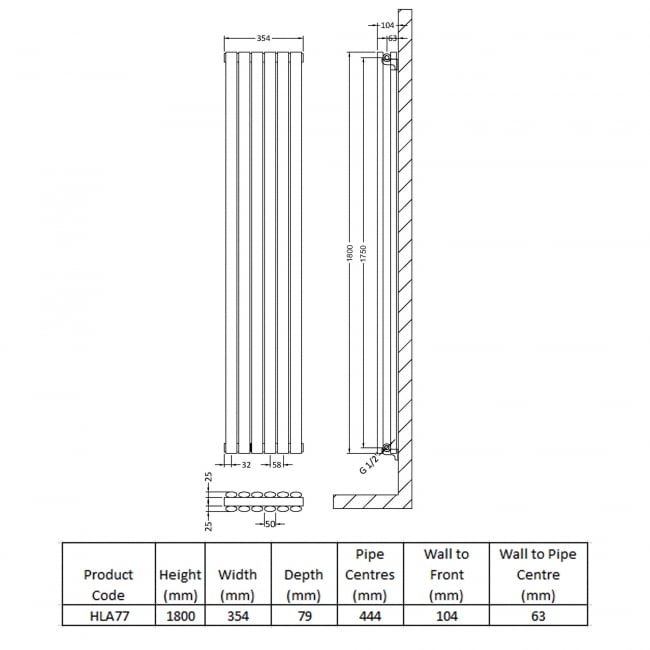 Hudson Reed Revive Double Designer Vertical Radiator 1800mm H x 354mm W - Anthracite