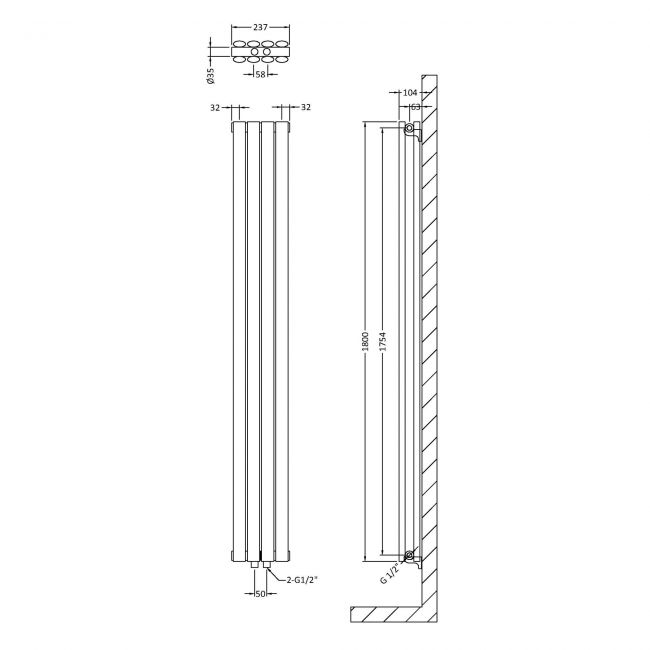 Hudson Reed Revive Space-Saving Double Designer Vertical Radiator 1800mm H x 237mm W - High Gloss White