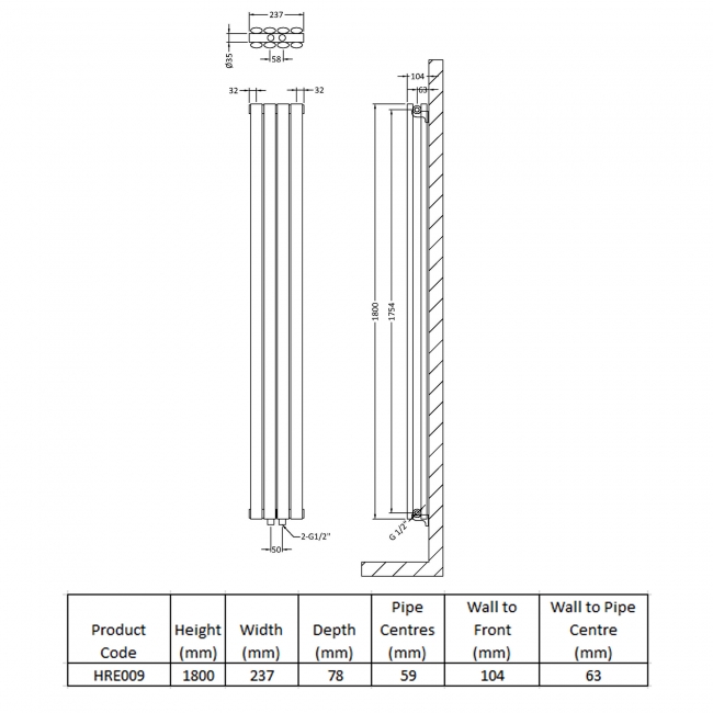 Hudson Reed Revive Double Designer Vertical Radiator 1800mm H x 237mm W - Anthracite