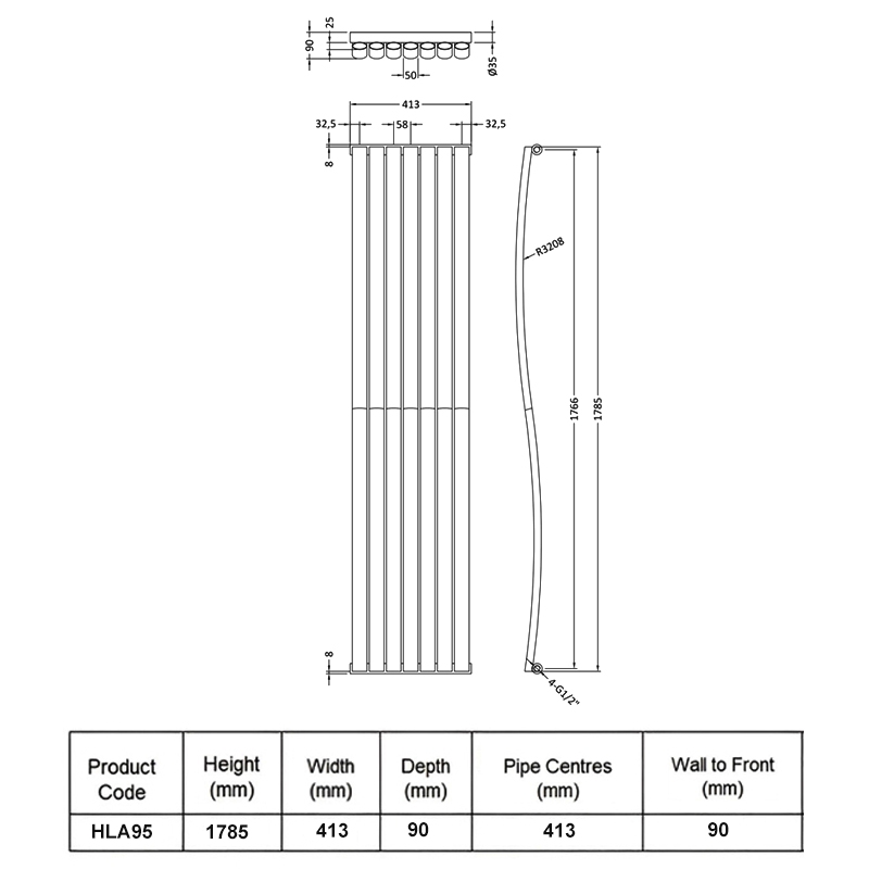 Hudson Reed Revive Wave Designer Vertical Radiator 1785mm H x 413mm W - Anthracite
