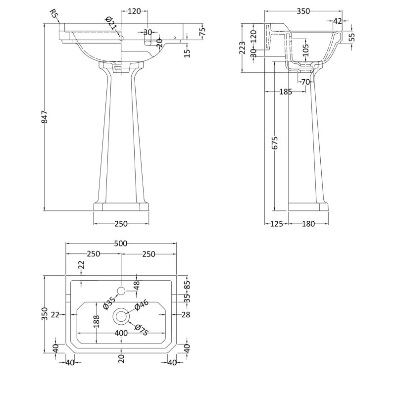 Hudson Reed Richmond Basin with Full Pedestal 500mm Wide - 1 Tap Hole