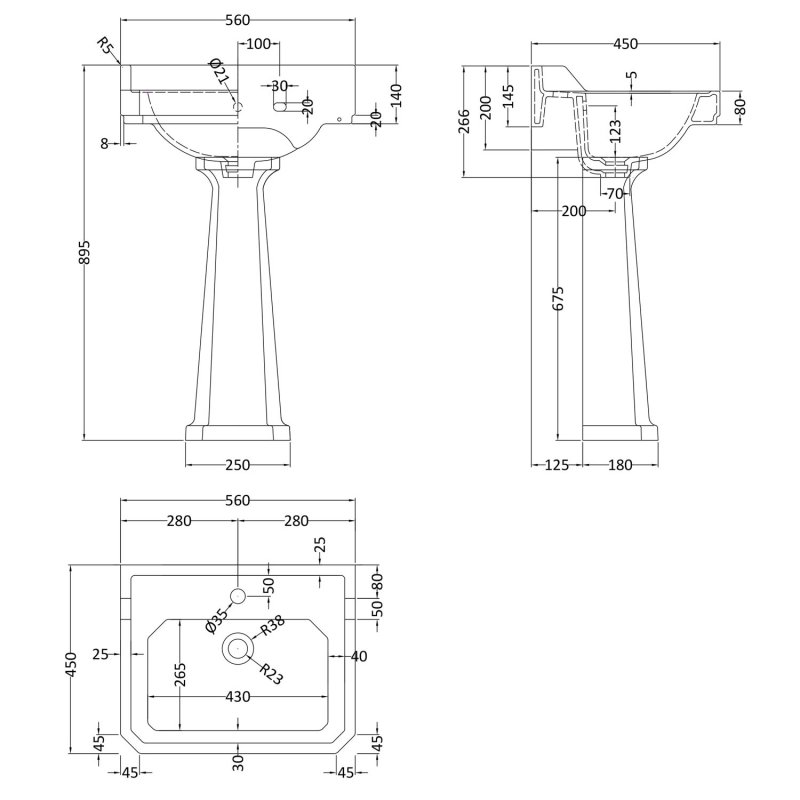 Hudson Reed Richmond Basin with Full Pedestal 560mm Wide - 1 Tap Hole