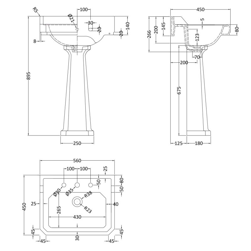 Hudson Reed Richmond Basin and Full Pedestal 560mm W - 3 Tap Hole