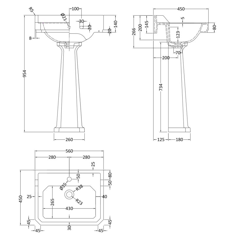 Hudson Reed Richmond Basin and Comfort Height Full Pedestal 560mm Wide - 1 Tap Hole