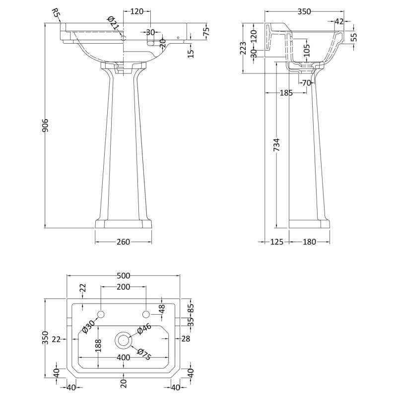 Hudson Reed Richmond Basin and Comfort Height Full Pedestal 500mm Wide - 2 Tap Hole