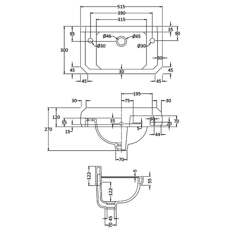 Hudson Reed Richmond Cloakroom Basin 515mm Wide - 2 Tap Hole