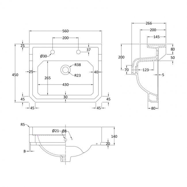Hudson Reed Richmond Traditional Basin 560mm Wide - White 2 Tap Hole