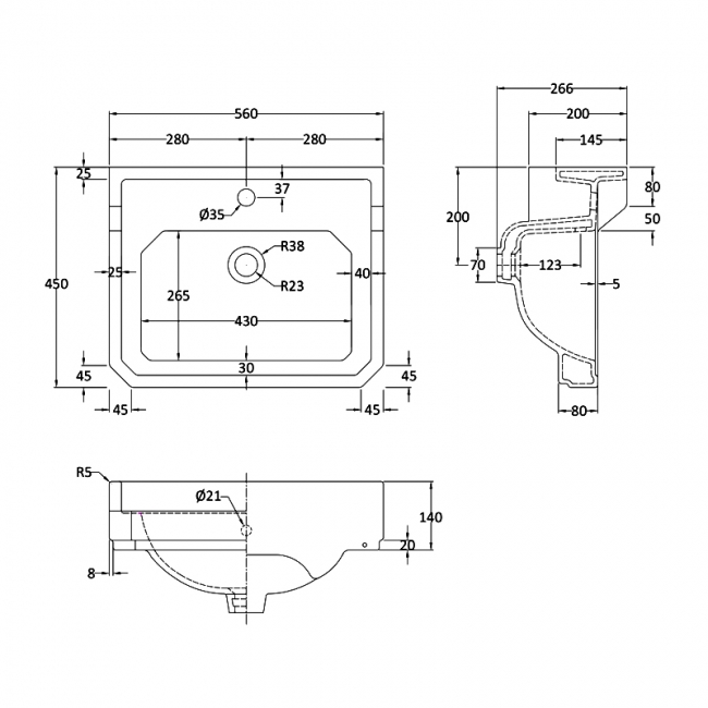 Hudson Reed Richmond Traditional Basin 560mm Wide - White 1 Tap Hole